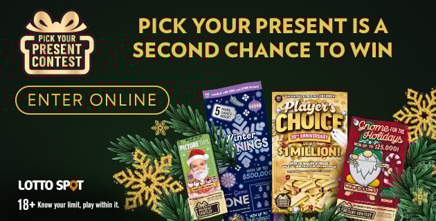 Pick Your Present contest graphic with scratch and win tickets and the text "pick your present is a second chance to win. Enter online."