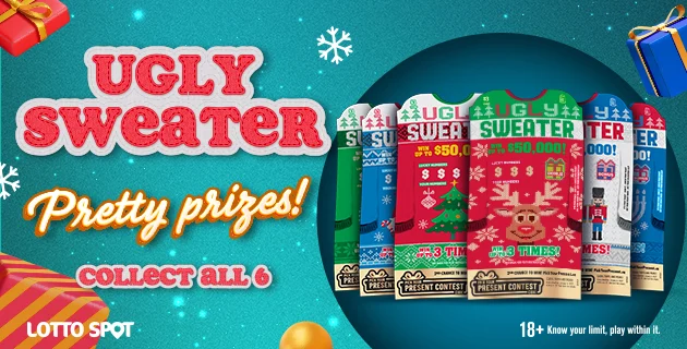 Image of a scratch and win- Ugly Sweater, pretty prizes! Collect all 6. 18 plus, know your limit.